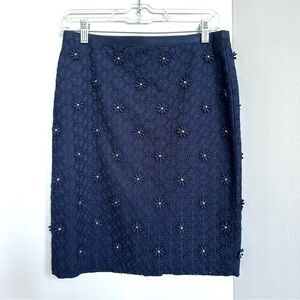 Talbots Flower Appliqué Eyelet Lace Beaded Pencil Skirt Navy Blue Petite
